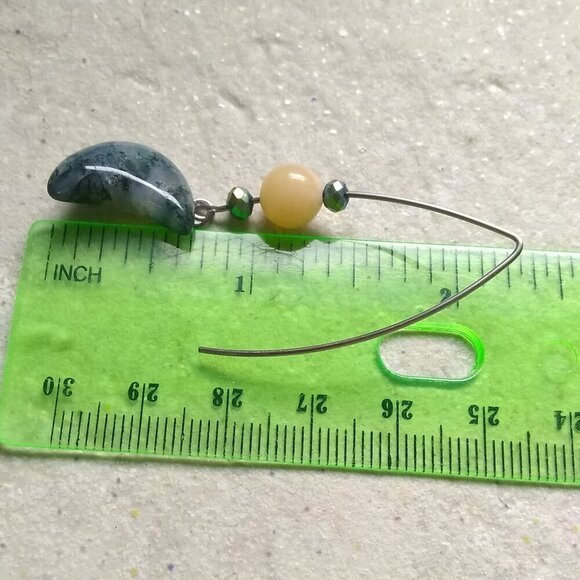 Dark Green Moss Agate Moons + Citrine Beads ~ Unique & Handmade Dangle Earrings - Picture 5 of 12